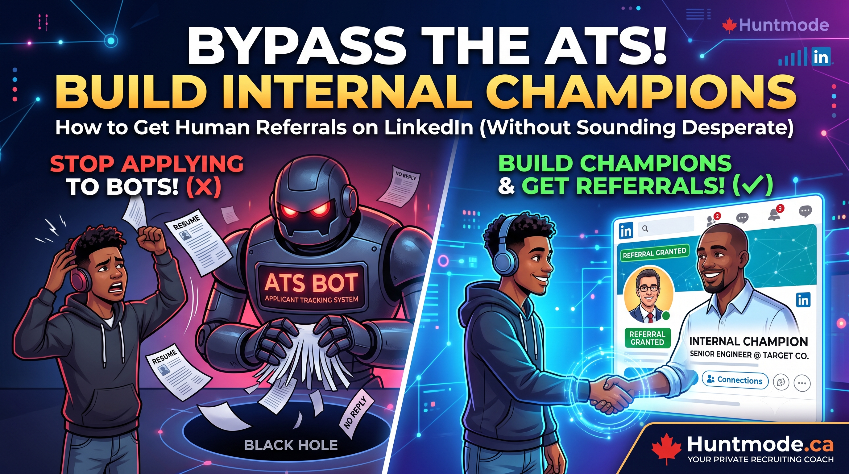 Graphic illustrating a tech professional bypassing an automated applicant tracking system to connect directly with a team member.