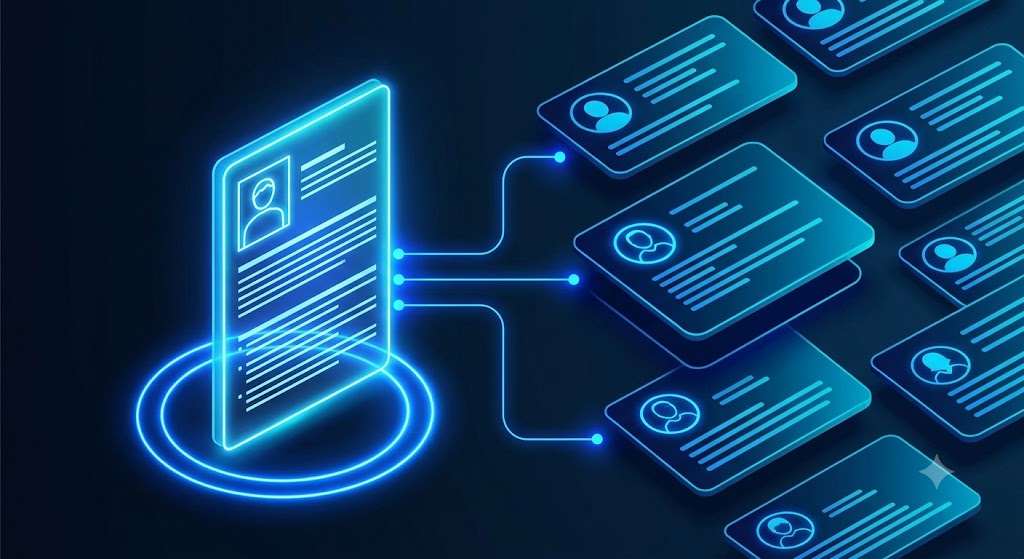 Master resume connecting via glowing data lines to multiple tailored job application cards
