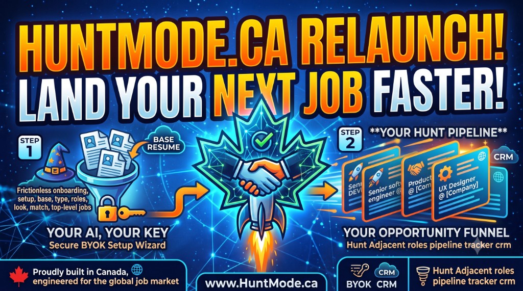 HuntMode.ca relaunch banner showing resume and API key flowing into a rocket that launches matching job cards — BYOK onboarding and similar roles discovery.