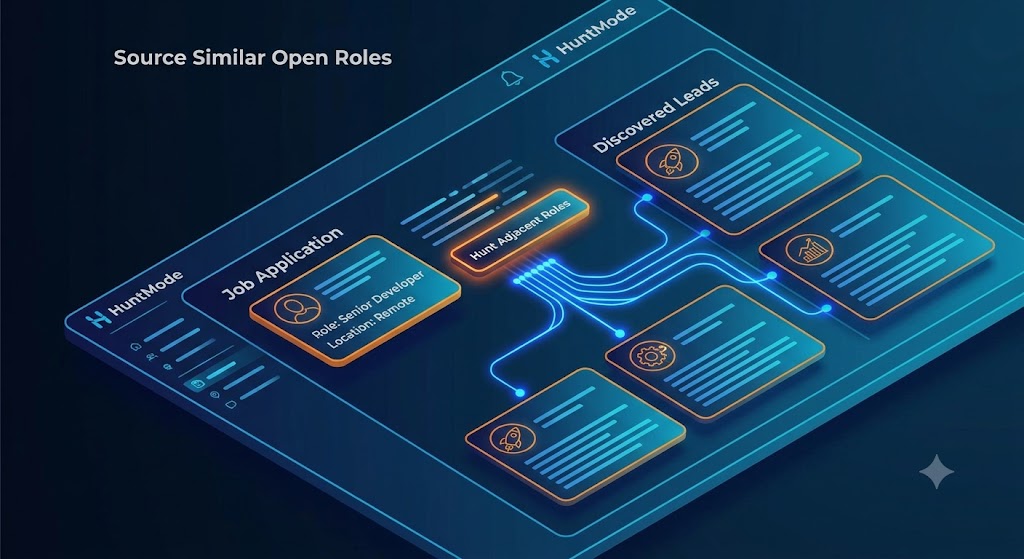 HuntMode dashboard showing Source Similar Open Roles flowing from one application into discovered lead cards